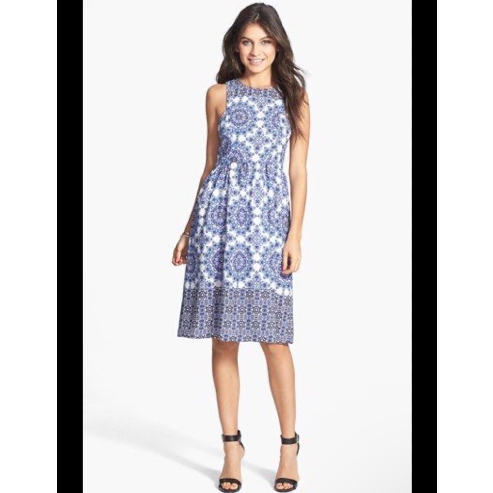 EVERLY | Women's Sleeveless Blue White Geometric Print Fit Flare Midi Dress, S